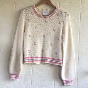 Callahan embroidered rose buds butter yellow Cream and Pink Floral Knit Sweater